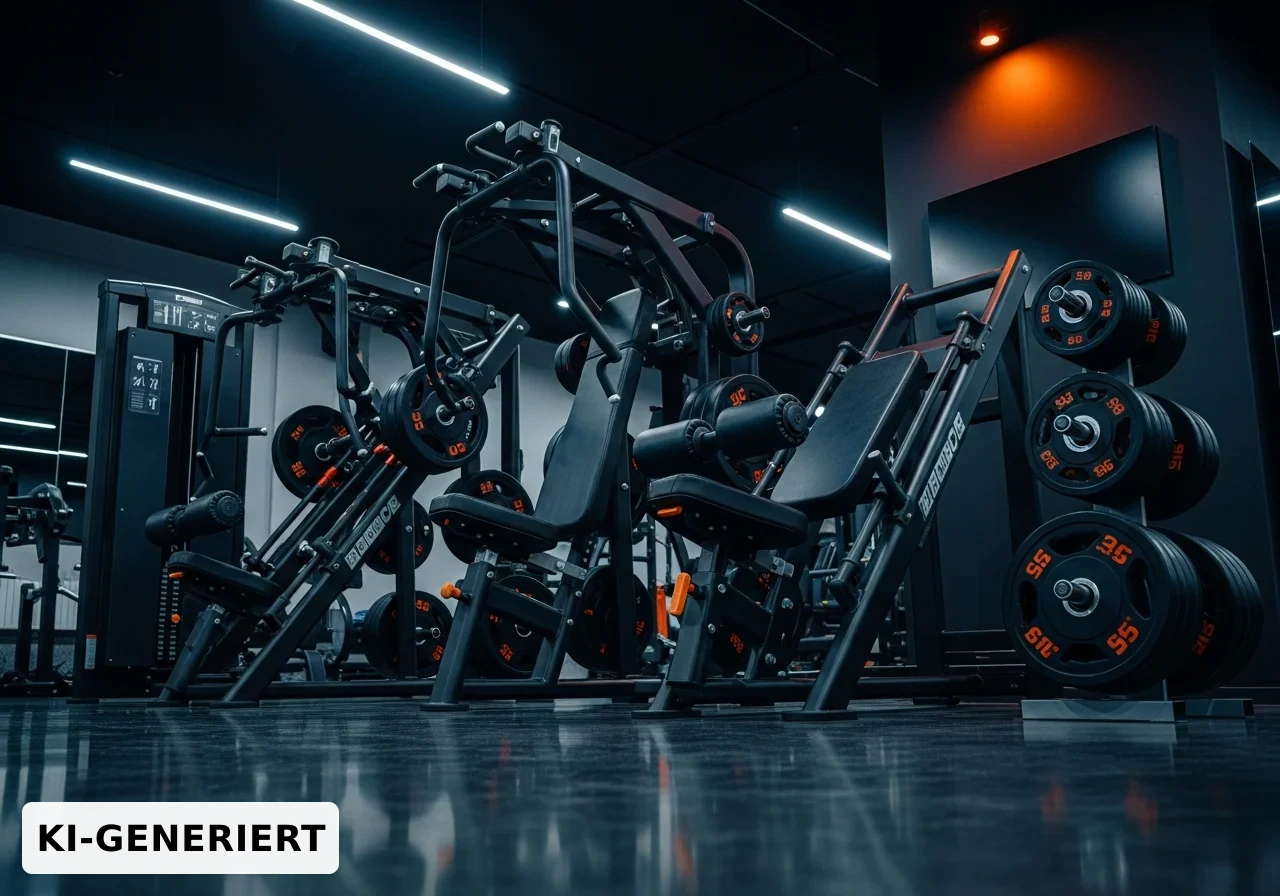 Krafttrainingsbereich mit Geräten und freien Hanteln
